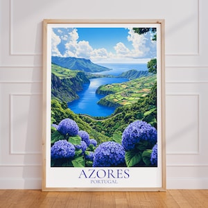 May include: A framed print featuring a scenic view of the Azores, Portugal. The artwork depicts a blue lake surrounded by green hills and vibrant blue hydrangeas. The text "AZORES PORTUGAL" is at the bottom.