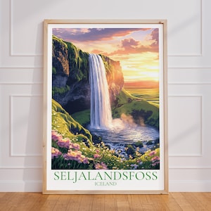 Poster turistico di Seljalandsfoss – Arte murale islandese | Stampa dell'isola | Manifesto di viaggio vintage dell'Islanda | Regalo Islanda | Stampa artistica di cascata