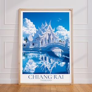 Poster di viaggio di Chiang Rai - Arte murale del Tempio Bianco, Poster vintage della Thailandia, Poster di viaggio regalo di Wat Rong Khun, Stampa di viaggio della Thailandia
