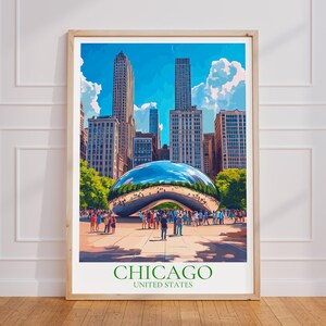 Poster turistico di Chicago – Stampa del Cloud Gate | L'arte murale del fagiolo | Manifesto turistico d'epoca di Chicago | Regalo USA | Stampa artistica di Chicago