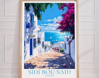 Sidi Bou Said Travel Poster – Tunisia Wall Art, Sidi Bou Said Vintage Poster, Travel Poster Gift, Tunisia Print Travel Print