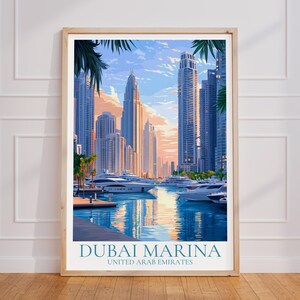 Poster di viaggio di Dubai Marina - Arte murale di Dubai, poster vintage di Marina, poster di viaggio degli Emirati Arabi Uniti in regalo, stampa di viaggio con skyline
