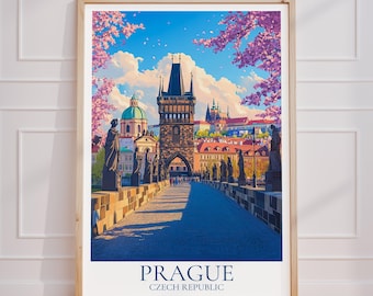 Póster de viaje de Praga – Arte mural de la República Checa | Impresión de Praga | Póster de viaje vintage de Praga | Regalo de Praga | Impresión artística del Puente de Carlos