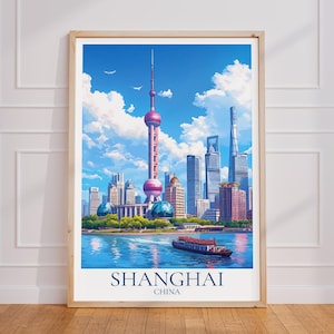 Poster di viaggio di Shanghai - Skyline Wall Art, Poster vintage cinese, Poster regalo di viaggio della Torre della Perla Orientale, Stampa di viaggio di Shanghai