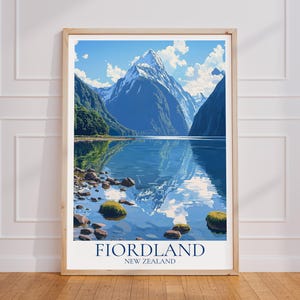 Poster di viaggio Fiordland - Arte murale della Nuova Zelanda, poster vintage Fiordland, poster regalo di viaggio naturalistico, stampa di viaggio della Nuova Zelanda