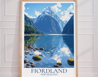 Puede incluir: Impresión enmarcada de Fiordland, Nueva Zelanda. La obra de arte representa un paisaje sereno con una cordillera, un lago tranquilo que refleja el cielo y el texto "FIORDLAND NEW ZEALAND" en la parte inferior. El marco es de color madera clara.