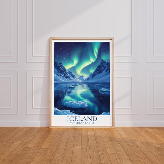 Island Reiseposter – Nordlichter Wandkunst | Iceland Print | Island Vintage Travel Poster | Island Geschenk | Aurora Borealis Kunstdruck