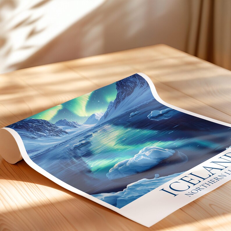 May include: Rolled poster depicting an Icelandic landscape with the Northern Lights. The artwork shows a snowy mountain range, a body of water, and the aurora borealis in green and blue hues. The poster has the word "ICELAND" at the bottom.