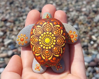 Mandala rock, hand-painted stone, turtle, tortoise, dot art, natural stone, dot mandala, acrylic painting, unique, spiritual, gift idea.