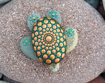 Mandala rock, hand-painted stone, turtle, tortoise, dot art, natural stone, dot mandala, acrylic painting, unique, spiritual, gift idea.