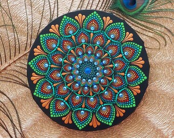 Mandala, met de hand geschilderd, canvas, stipkunst, stipmandala, acrylschilderij, uniek, spiritueel, pauw, cadeau-idee.