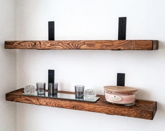 Rustic Wooden Wall Shelf 2"x9" Handmade, Custom Finish, Industrial Metal Brackets |  Industrial Decor | Handmade |