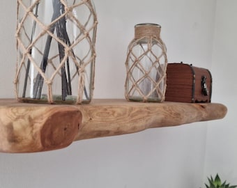 Extra Live Edge Wood Floating Shelf – Rustic Natural Wall Shelf, 2" x 8" ,Shelf with concealed brackets made of sustainable reclaimed  wood