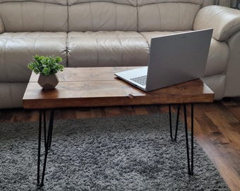 Rustic Solid Wood Coffee Table / Handmade Farmhouse Furniture / Custom Size & 15 Color Stains / Hairpin Legs /Handmade Living Room Furniture