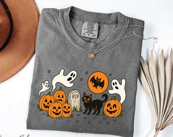 Vintage Halloween Comfort Colors Shirt | Ghost Pumpkin Black Cat Tee | Spooky Season Fall T-Shirt | Retro October Graphic Top