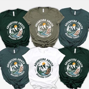 Adventure Awaits Family Shirts, Custom Mountain Trip Tees, Nature Reunion Tops, Hiking Vacation T-Shirts, Matching Scenic Travel Outfits