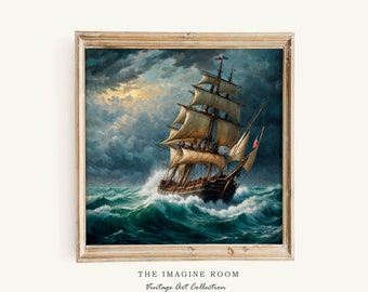 Old wooden sailing ship in a stormy sea, high waves. Oil painting