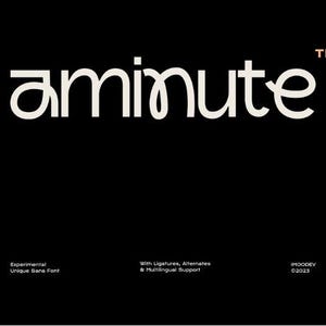 Puede incluir: Un gráfico negro que presenta el texto blanco "aminute" con un símbolo TM. Debajo, un texto blanco más pequeño dice "Experimental Unique Sans Font", "With Ligatures, Alternates & Multilingual Support" e "IMOODEV ©2023" sobre un fondo negro.