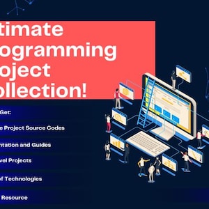 Peut inclure: Une illustration d'un écran d'ordinateur avec une conception de site Web. L'écran est connecté à d'autres écrans avec des lignes et des icônes. Le texte sur l'écran dit "Ultimate Programming Project Collection!"  Vous obtiendrez : Codes source complets du projet, documentation et guides, projets à plusieurs niveaux, variété de technologies, ressource d'apprentissage.
