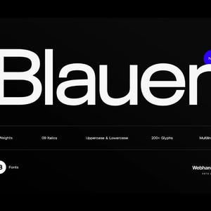 May include: A white sans-serif font called "Blauer" with 18 fonts, 9 weights, 9 italics, 200+ glyphs, and multilingual support. The font is displayed on a black background with a blue circle containing the word "Nue" in white text.
