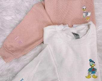 Donald And Daisy Duck Embroidered Sweatshirt, Matching Couple T-Shirts, Disney Cartoon Embroidery Hoodie, Personalized Name Shirt