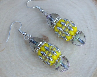 yellow beaded bead earrings, Artist bead earrings, OOAK unique designer earring, crystal bullet earring, Netherlands, Nederland, Holland, NL