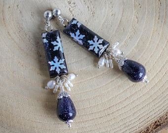 Midnight snowflake earrings, handmade artist resin beads, pearl and gemstone, OOAK unique designer earring, dark blue winter season jewelry.