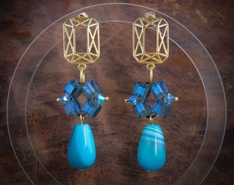 Blue Agate dyed gemstone drop earrings, Artist bead earrings, OOAK unique designer earring,