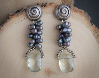 Exclusive wedding earrings, gemstone & sterling silver designer earrings, OOAK, unique, artisan made, green amethyst, prasiolite and pearl