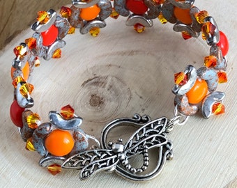 Dragonfly bead bracelet, orange summer, flame skimmer, Odonatology, beadweaving chain, one of a kind OOAK, unique cuff, netherlands, holland