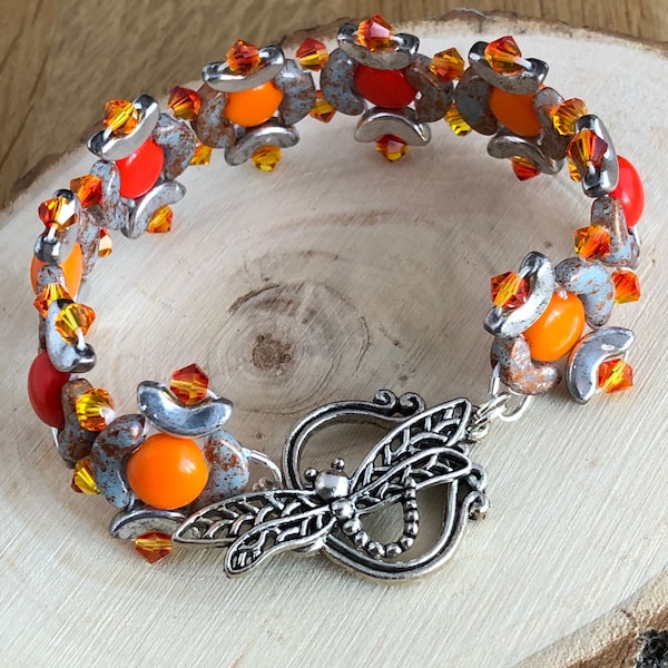 Dragonfly bead bracelet, orange summer, flame skimmer, Odonatology, beadweaving chain, one of a kind OOAK, unique cuff, netherlands, holland