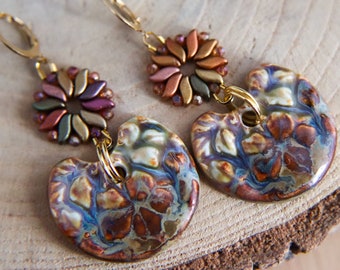 Large statement ceramic bead earrings, OOAK flower fashion, unique brown artisan designer jewelry, trendy big fashion, floral, Netherlands