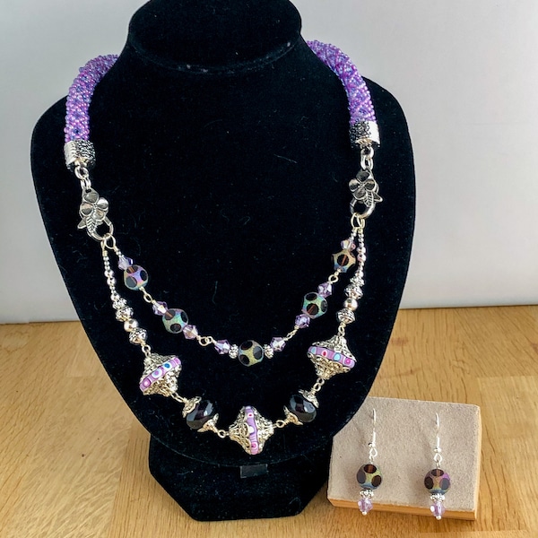 Purple fantasy interchangeable necklace, OOAK unique design, two stranded artisan beaded collar and earring set, Netherlands, Holland