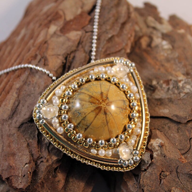sea urchin fossil pendant Gold and sterling silver pendant gold and silver necklace NL one of a kind pendant gemstone necklace OOAK