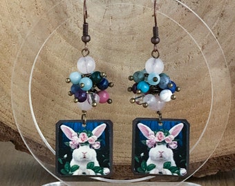 Rabbit beaded earrings, Artist bead earrings, OOAK mixed gemstone and artisan Easter jewelry, white bunny  fashion jewelry, spring holiday.