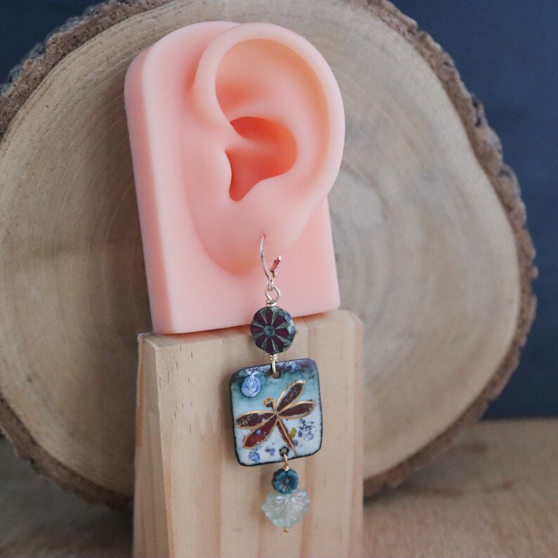 Dragonfly enamel earrings, OOAK darning needle, trendy fashion, spring time, damselfly, entomology, insect earrings, Netherlands, Holland image 3