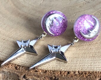 Kawaii resin post earrings, purple moon and star studs, moon phases, astrology gift, stargazing, luna,  maan en sterren oorbellen, Nederland