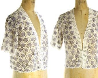 70s Crochet Cardigan Vintage 1970s Boho Open Knit Lace Sweater Bohemian Romantic Gypsy Bolero Crop Top Women's Medium Large