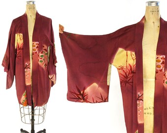 Vintage Silk Kimono / Cherry Blossom & Bamboo Short "Haori" Japanese Duster / Traditional Bohemian Hippie Boho Festival Butterfly Sleeve Top