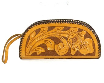 Tooled Leather Clutch Bag Vintage 70s Southwestern Handmade Cosmetic Case