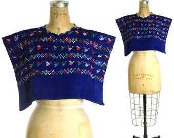 Cropped Embroidered Huipil Poncho Vintage 60s One Size