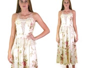 Gunne Sax Satin Strapless Dress with Cabbage Rose Pattern and Lace Trim Made in the USA Women 39 s Size Extra Small