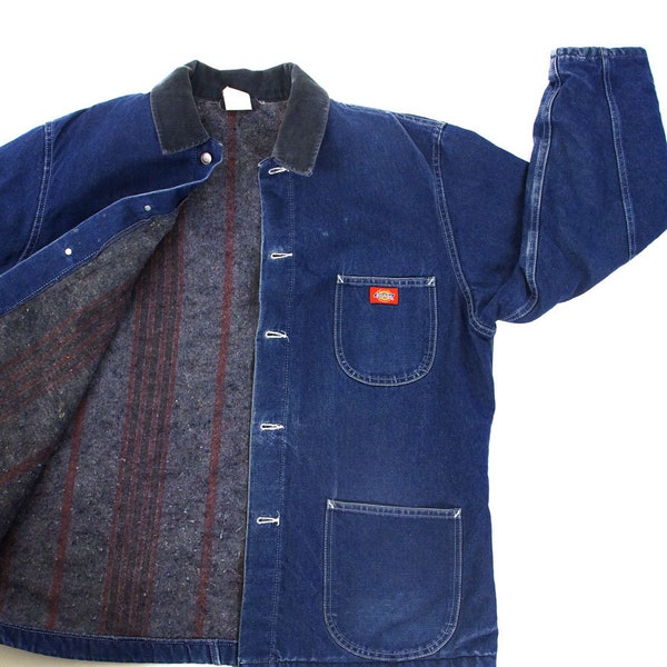 Blanket Lined Denim Jacket Vintage 80s Trucker Jacket Striped Lining Corduroy Collar Worn In Barn Coat Jean Jacket 52" Chest