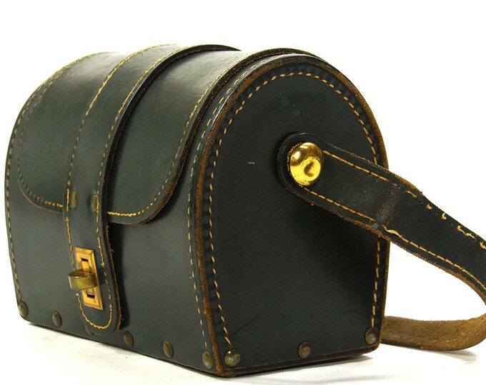 50s Green Leather Handbag / Vintage 1950s Dark Green Purse With Studs