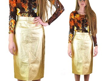 Vintage Gold Metallic Skirt size S-M Pencil Skirt with Leather detail Vintage Italian Designer Golden Skirt Party Glam Gold Skirt
