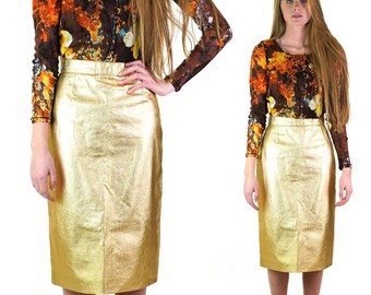 Vintage Gold Metallic Skirt size S-M Pencil Skirt with Leather detail Vintage Italian Designer Golden Skirt Party Glam Gold Skirt