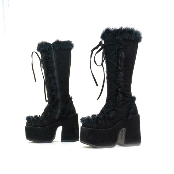 Monster Platform Boots in Black Faux Suede Vintage