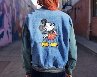 Vtg 90s Mickey Minnie Mouse Embroidered Denim Trucker Jacket Blue