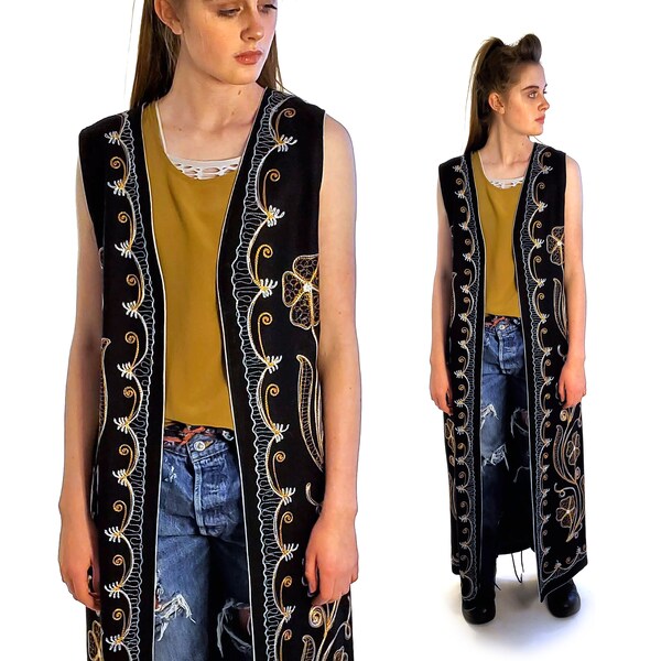 Embroidered Wool Duster Vintage Maxi Length Boho Art To Wear Sleeveless Caftan Women's Size Medium