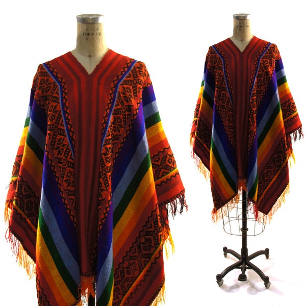 70s Woven Mexian Poncho / Rainbow Stripe / Fringe Trim